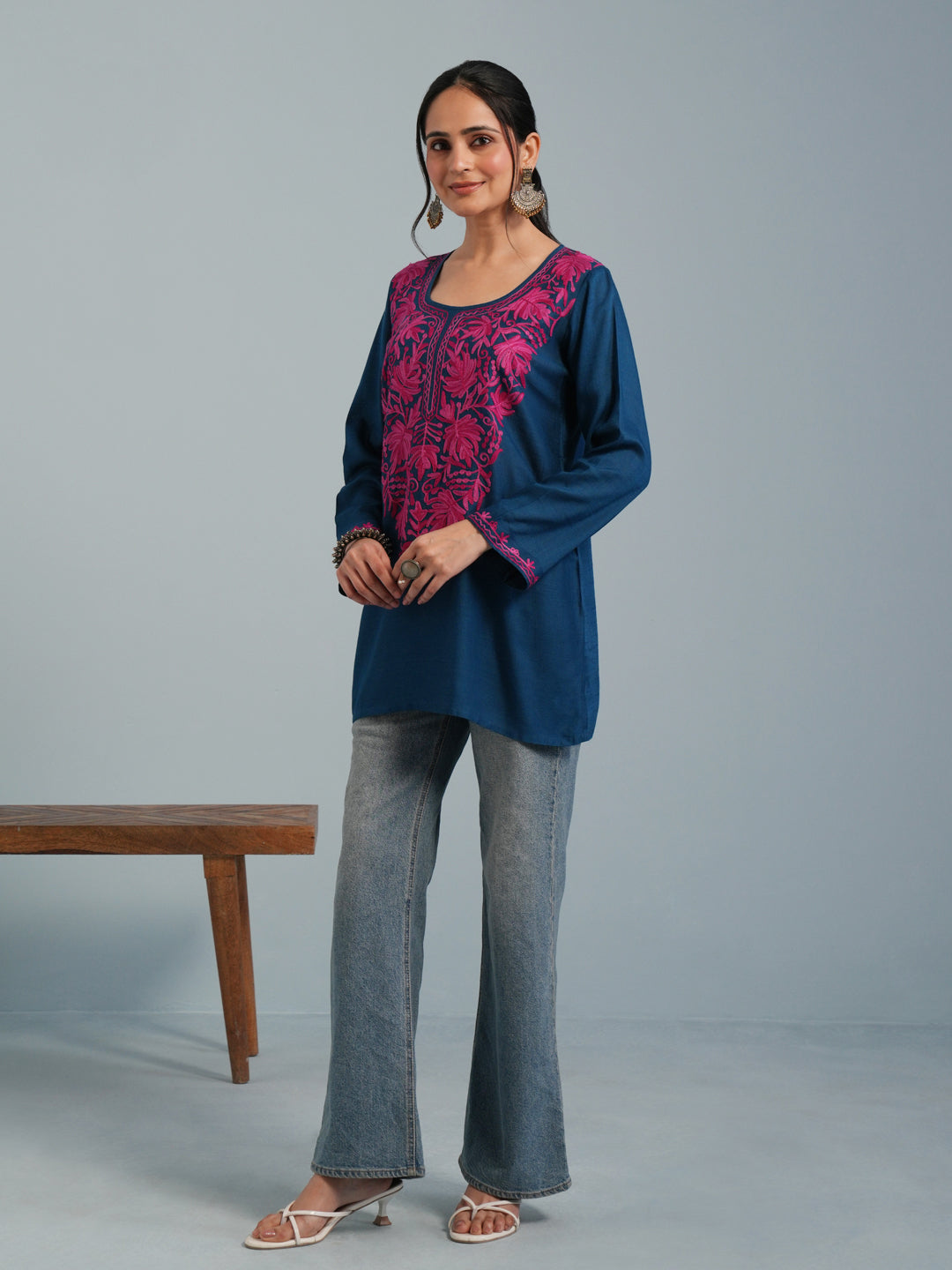 Blue Kashmiri Aari Embroidered Rayon Kurta