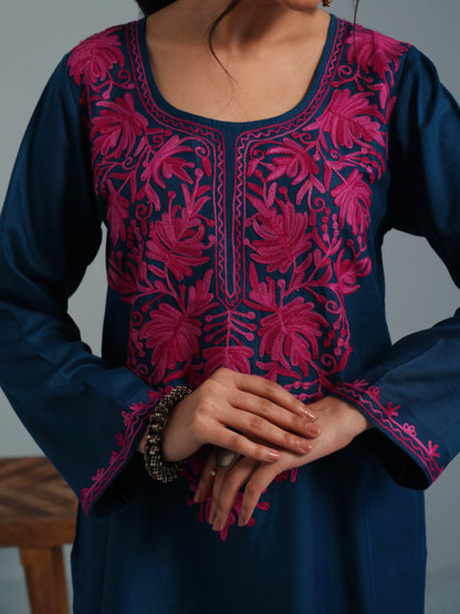 Blue Kashmiri Aari Embroidered Rayon Kurta