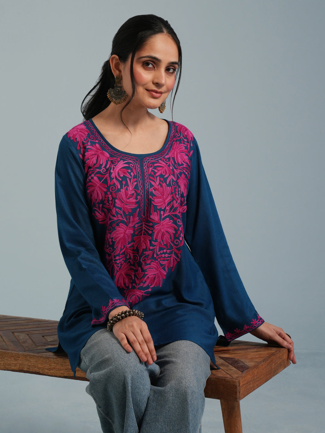 Classic Blue Aari Embroidered Viscose Rayon Kurta