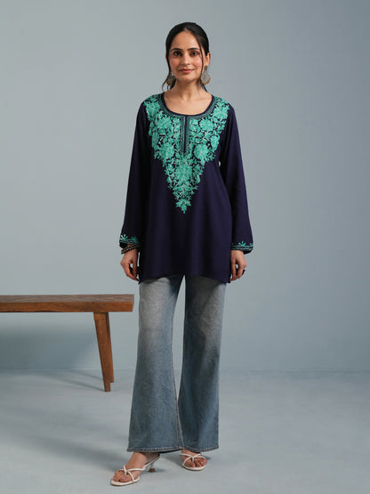 Navy Blue Kashmiri Aari Embroidered Rayon Kurta