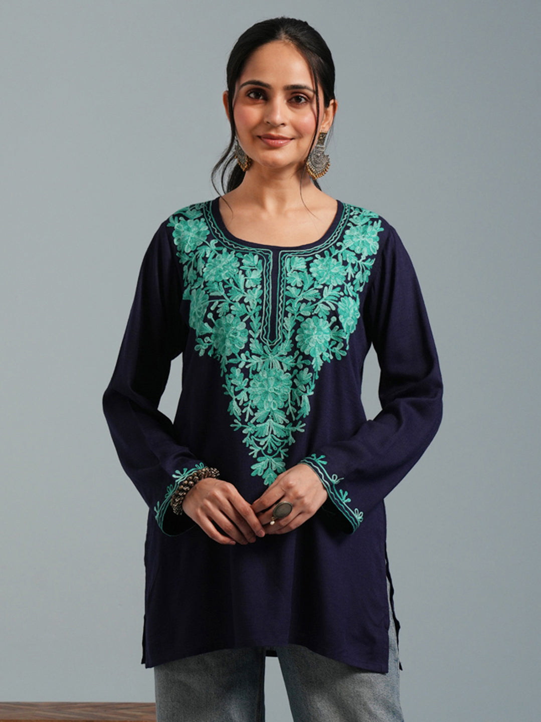 Navy Blue Kashmiri Aari Embroidered Rayon Kurta
