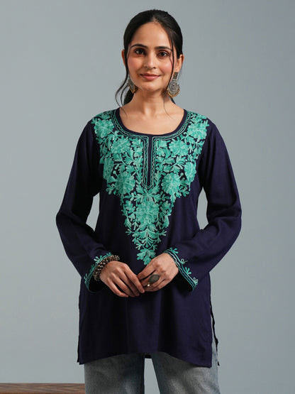 Navy Blue Kashmiri Aari Embroidered Rayon Kurta