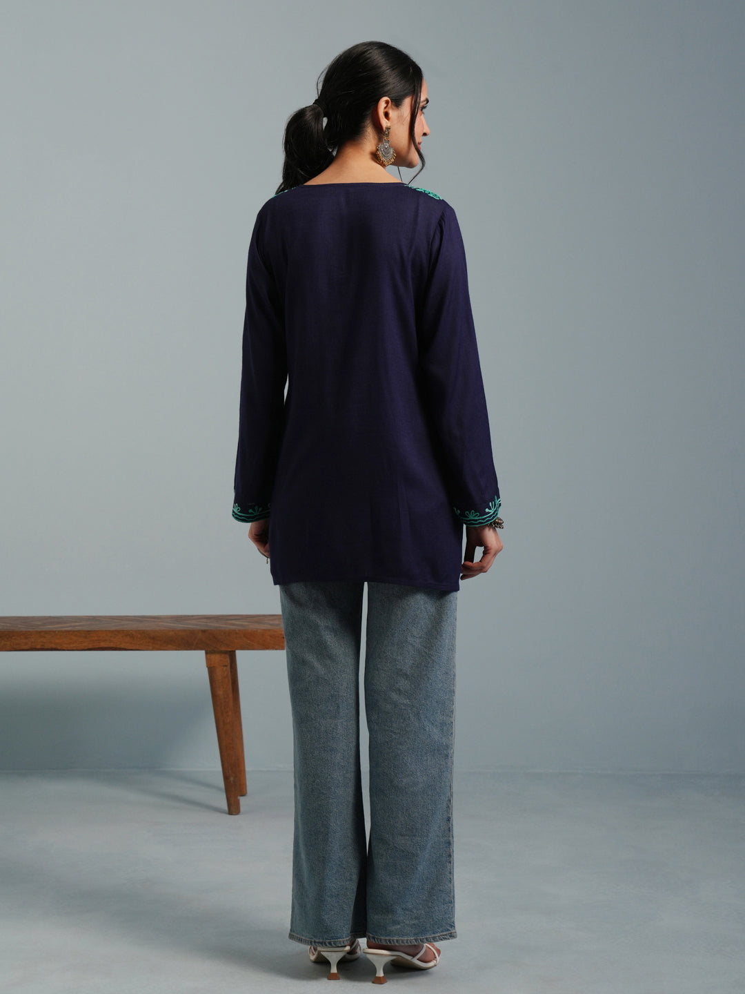 Navy Blue Kashmiri Aari Embroidered Rayon Kurta