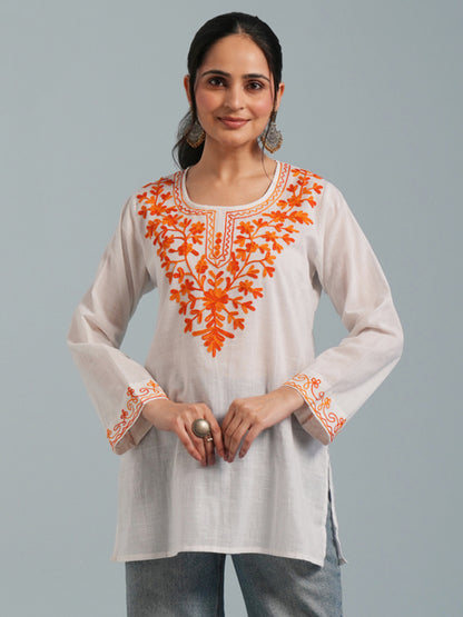 White Kashmiri Aari Embroidered Rayon Kurta