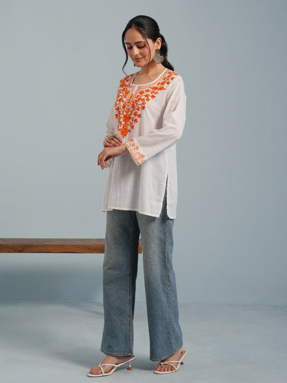 White Kashmiri Aari Embroidered Rayon Kurta