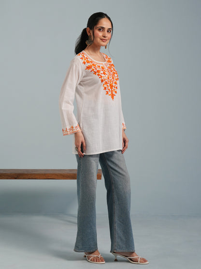 White Kashmiri Aari Embroidered Rayon Kurta