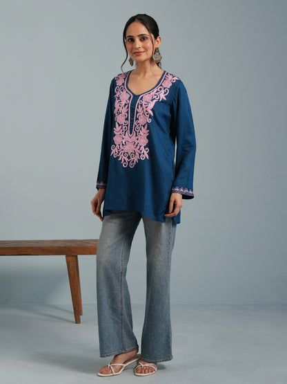 Blue Kashmiri  Aari Embroidered  Rayon Kurta
