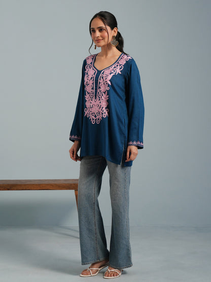 Blue Kashmiri  Aari Embroidered  Rayon Kurta