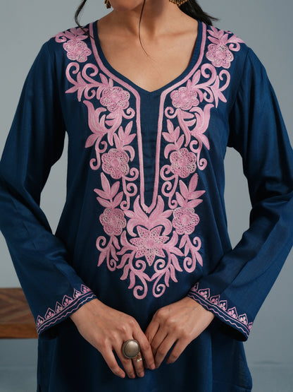 Blue Kashmiri  Aari Embroidered  Rayon Kurta