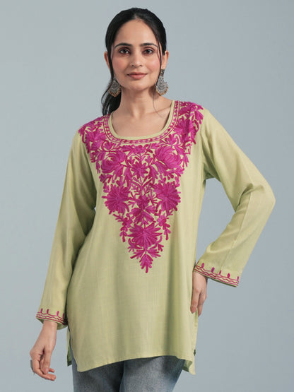 Light Green Kashmiri Aari Embroidered Rayon Kurta