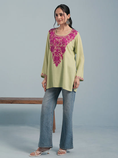 Light Green Kashmiri Aari Embroidered Rayon Kurta