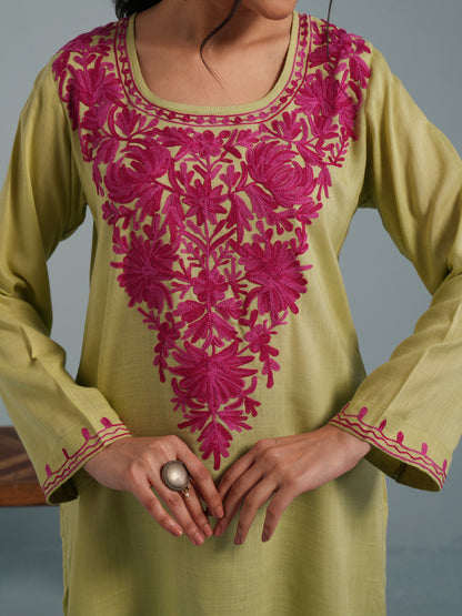 Light Green Kashmiri Aari Embroidered Rayon Kurta