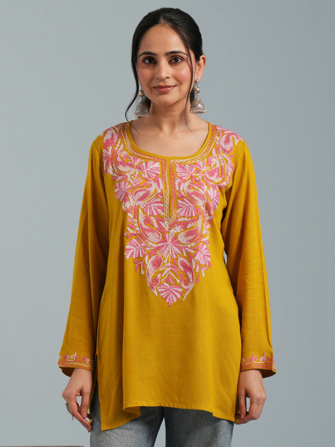 Olive Green Kashmiri Aari Embroidered  Rayon Kurta