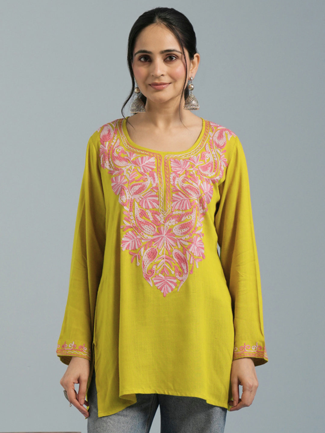 Mustard Yellow Aari Embroidered Viscose Rayon Kurta