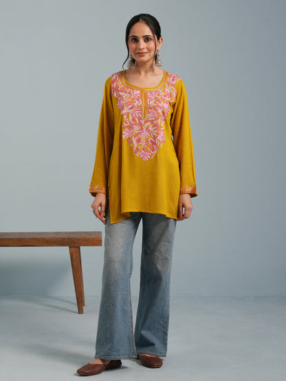 Olive Green Kashmiri Aari Embroidered  Rayon Kurta
