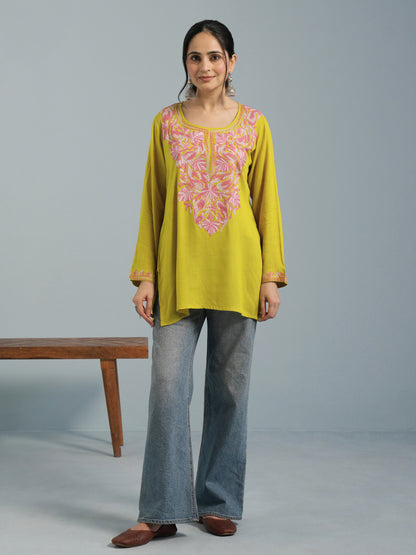 Mustard Yellow Aari Embroidered Viscose Rayon Kurta