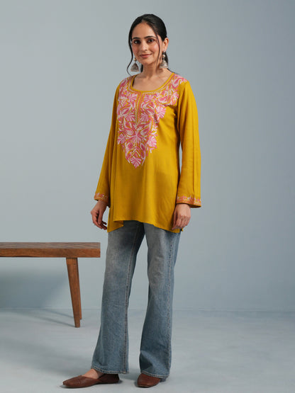Olive Green Kashmiri Aari Embroidered  Rayon Kurta