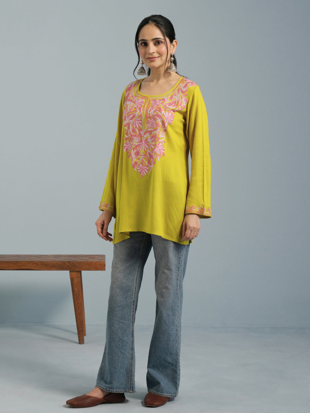 Mustard Yellow Aari Embroidered Viscose Rayon Kurta