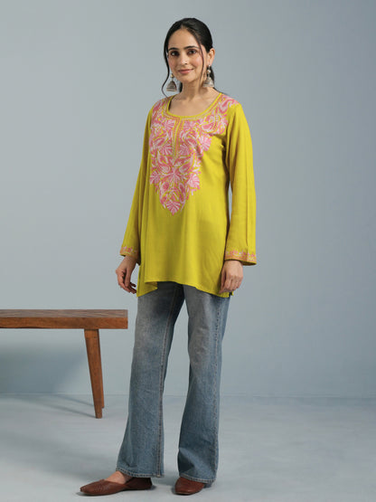 Mustard Yellow Aari Embroidered Viscose Rayon Kurta