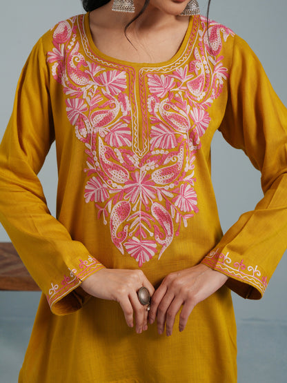 Olive Green Kashmiri Aari Embroidered  Rayon Kurta