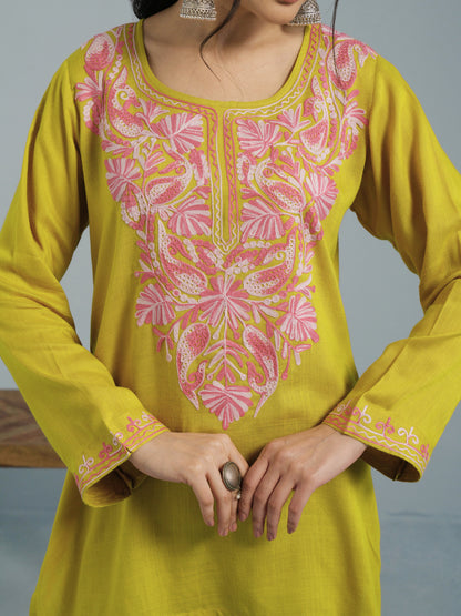 Mustard Yellow Aari Embroidered Viscose Rayon Kurta