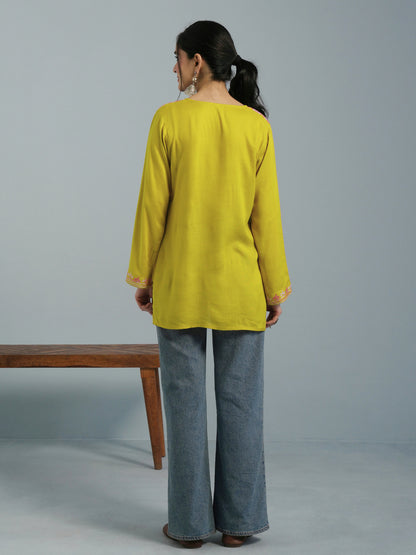 Mustard Yellow Aari Embroidered Viscose Rayon Kurta