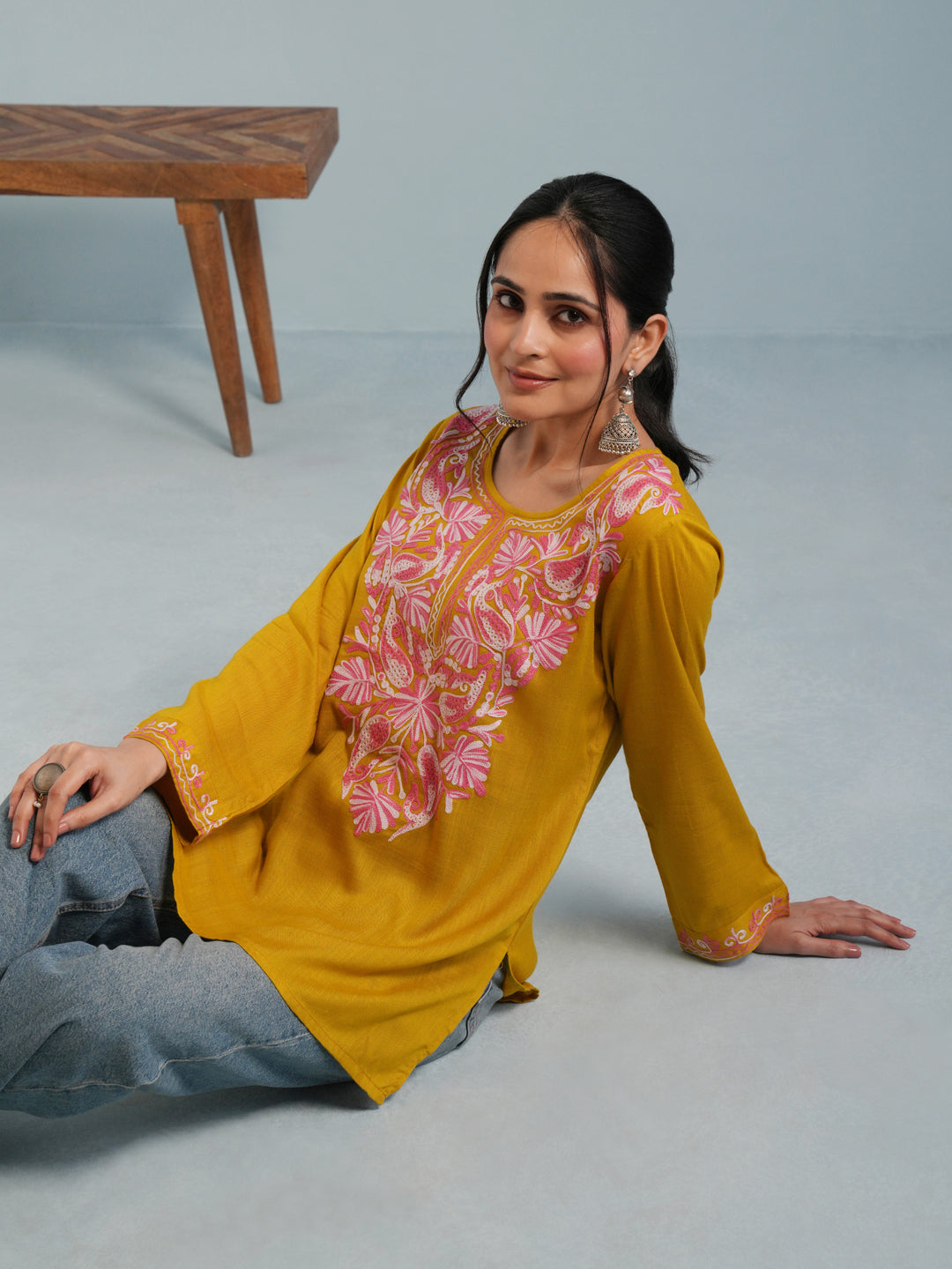 Olive Green Kashmiri Aari Embroidered  Rayon Kurta