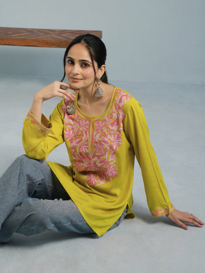 Mustard Yellow Aari Embroidered Viscose Rayon Kurta