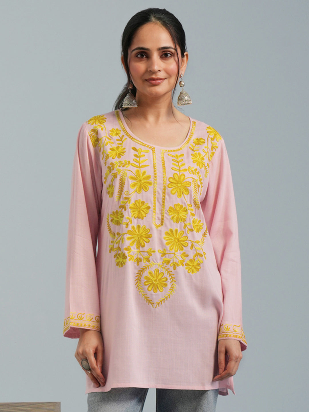 Baby Pink Kashmiri Aari Embroidered Rayon Kurta