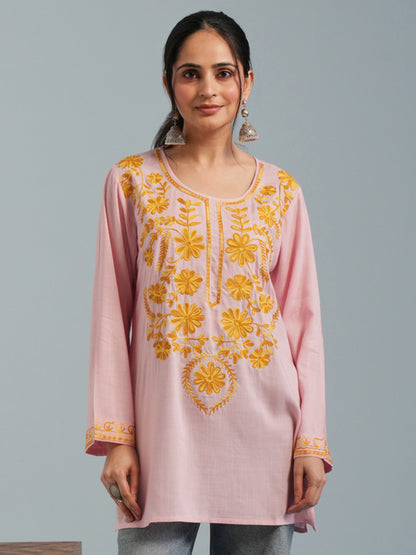 Baby Pink Kashmiri Aari Embroidered Rayon Kurta