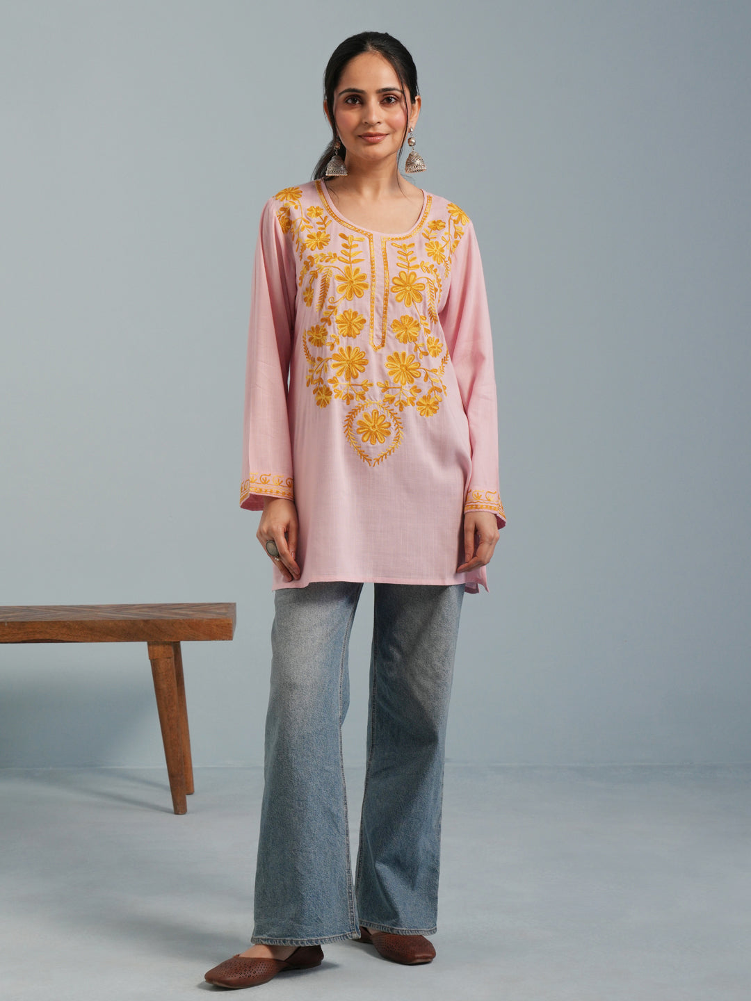 Baby Pink Kashmiri Aari Embroidered Rayon Kurta
