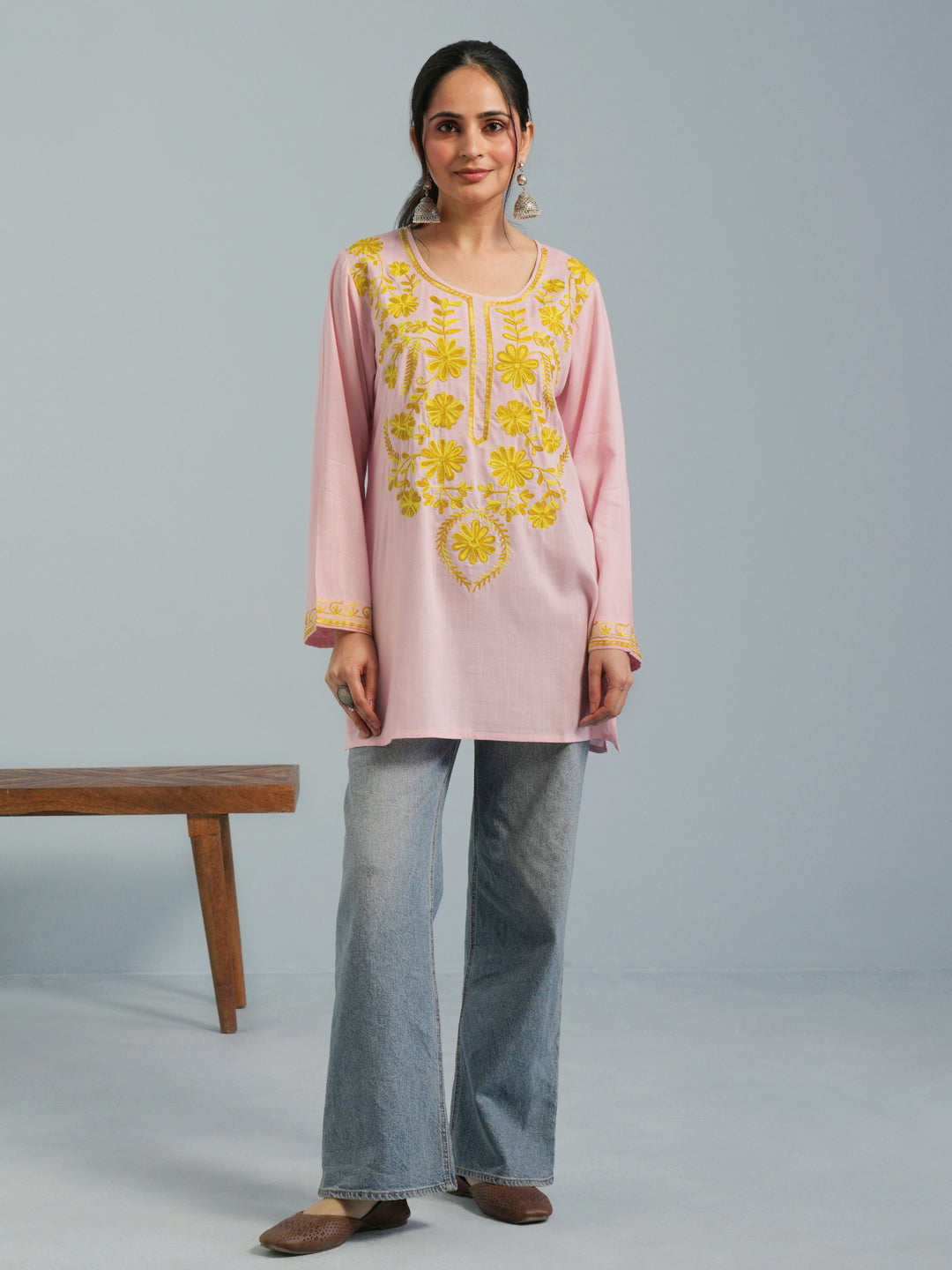 Baby Pink Kashmiri Aari Embroidered Rayon Kurta