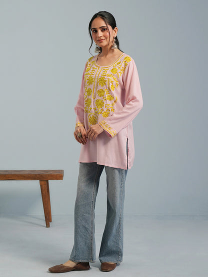 Baby Pink Kashmiri Aari Embroidered Rayon Kurta