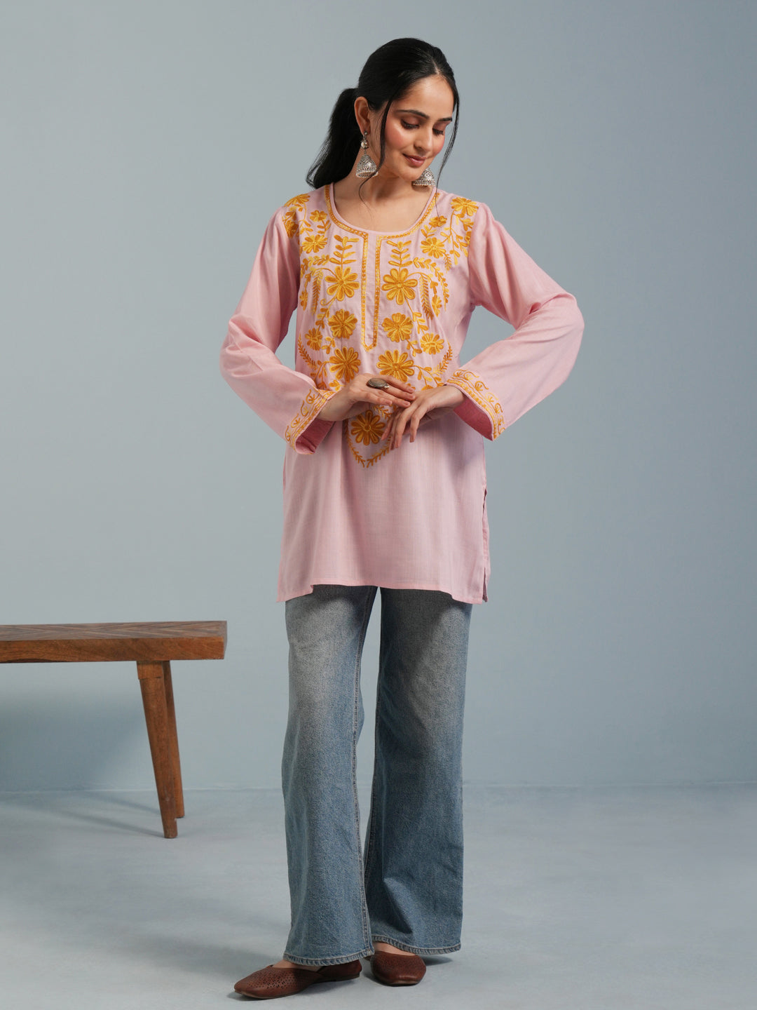 Baby Pink Kashmiri Aari Embroidered Rayon Kurta