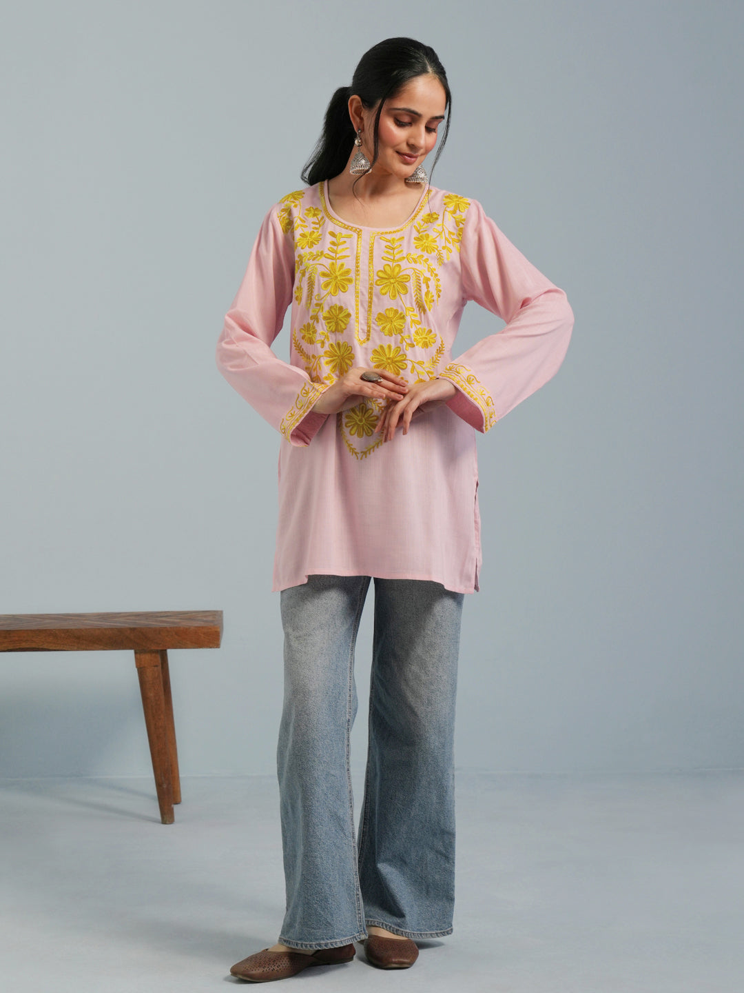 Baby Pink Kashmiri Aari Embroidered Rayon Kurta