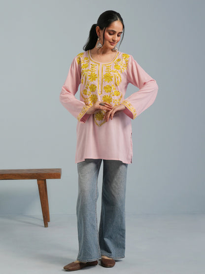 Baby Pink Kashmiri Aari Embroidered Rayon Kurta