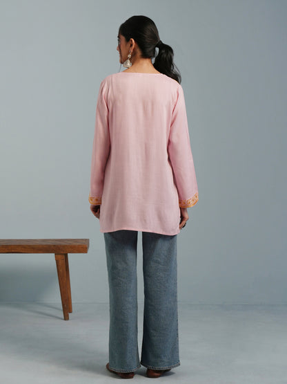 Baby Pink Kashmiri Aari Embroidered Rayon Kurta