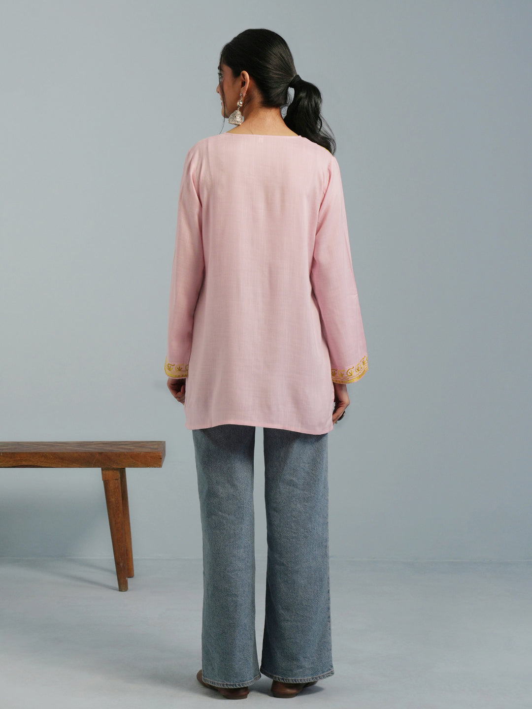Baby Pink Kashmiri Aari Embroidered Rayon Kurta