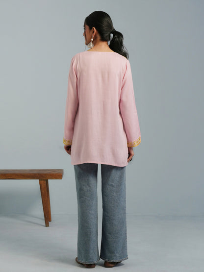 Baby Pink Kashmiri Aari Embroidered Rayon Kurta
