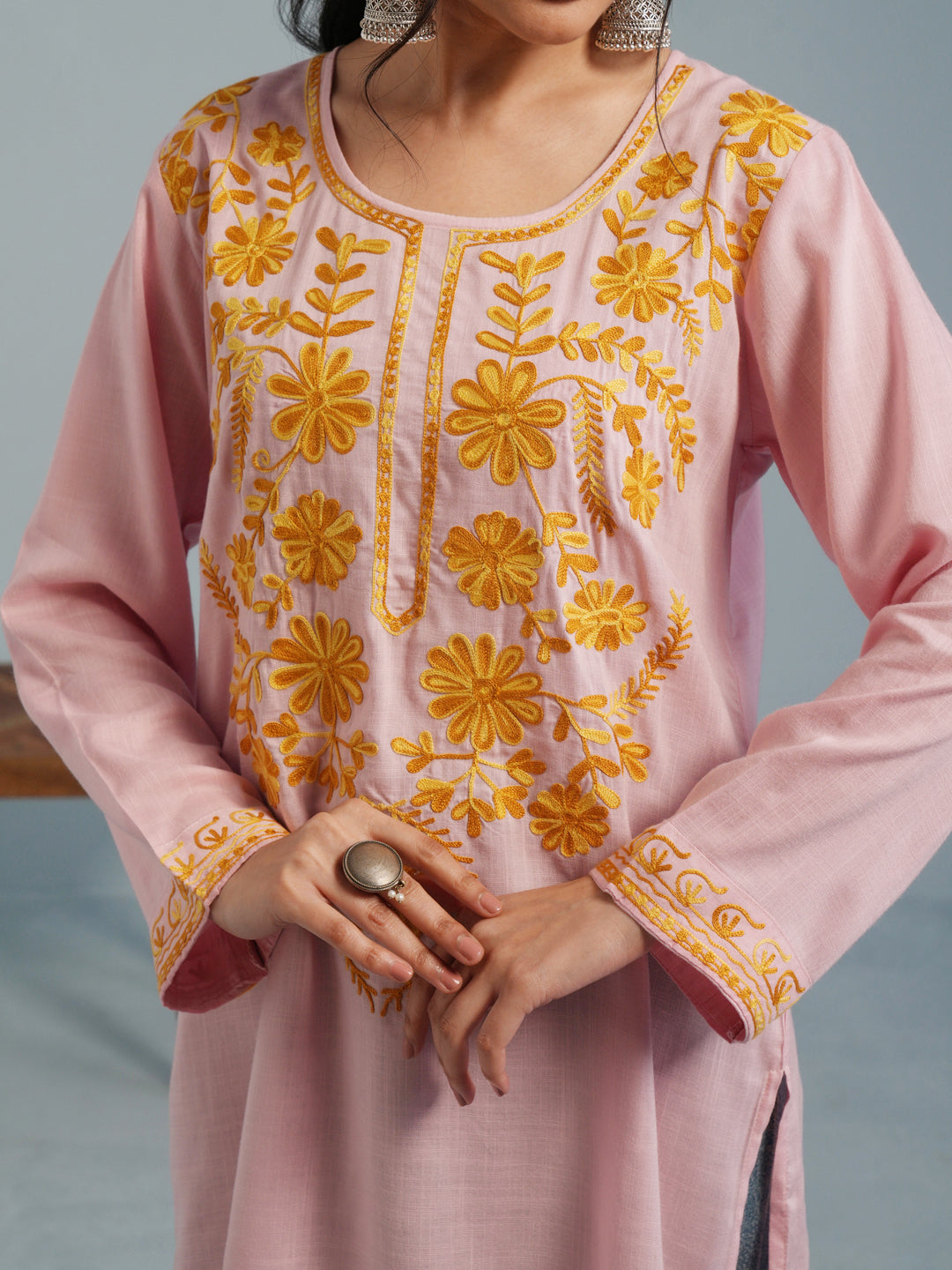 Baby Pink Kashmiri Aari Embroidered Rayon Kurta