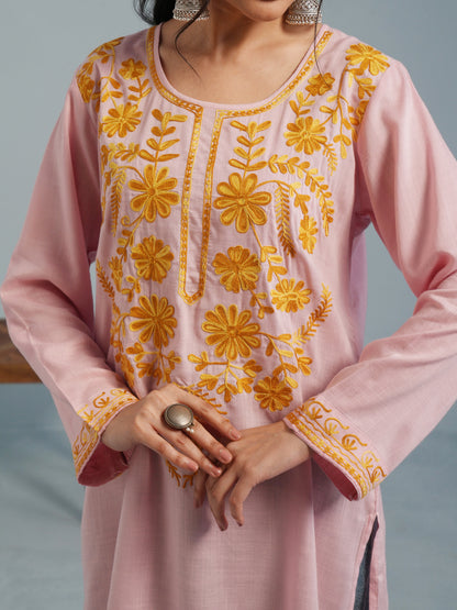 Baby Pink Kashmiri Aari Embroidered Rayon Kurta