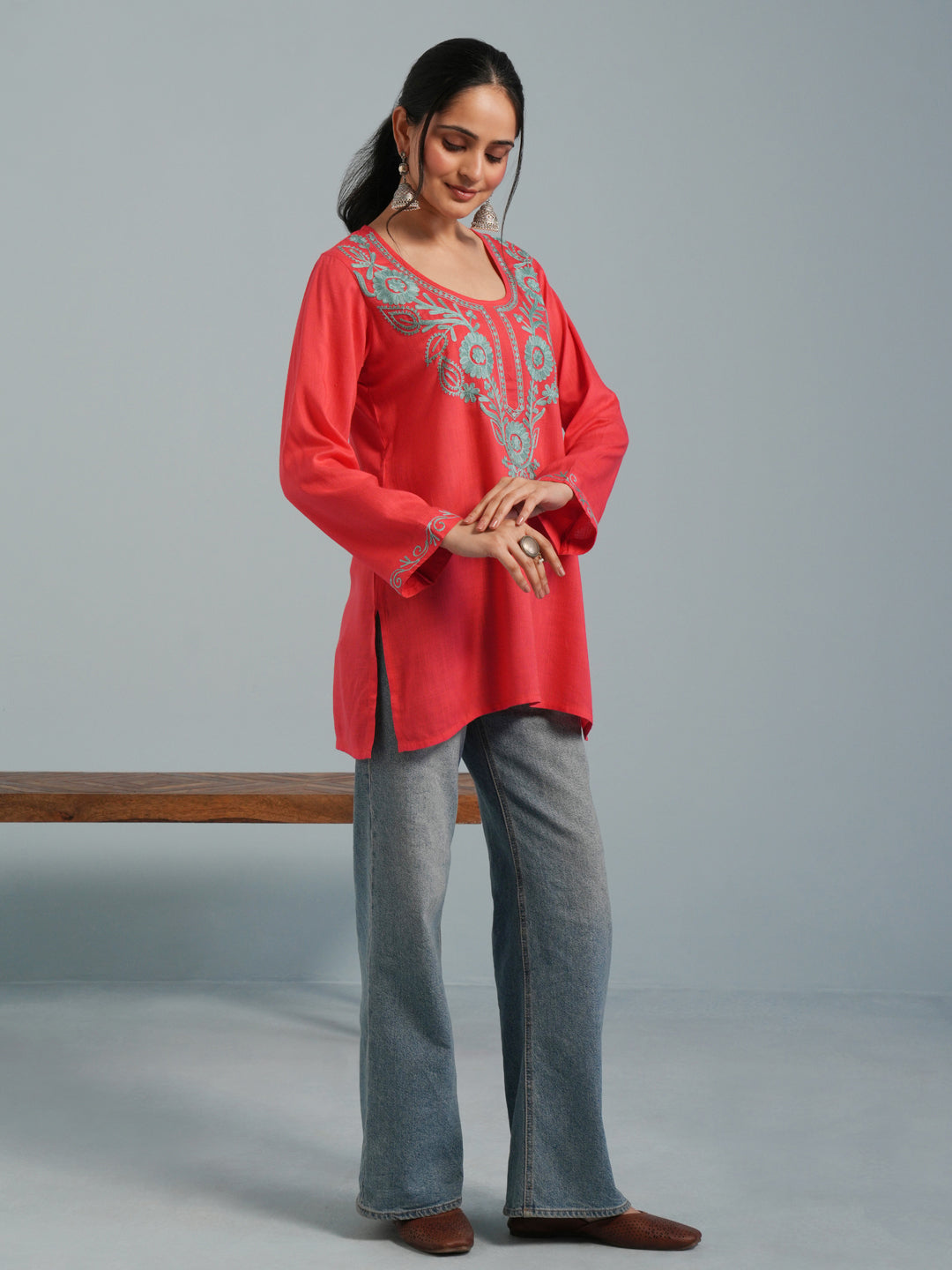 Pink Kashmiri Aari Embroidered  Rayon Kurta