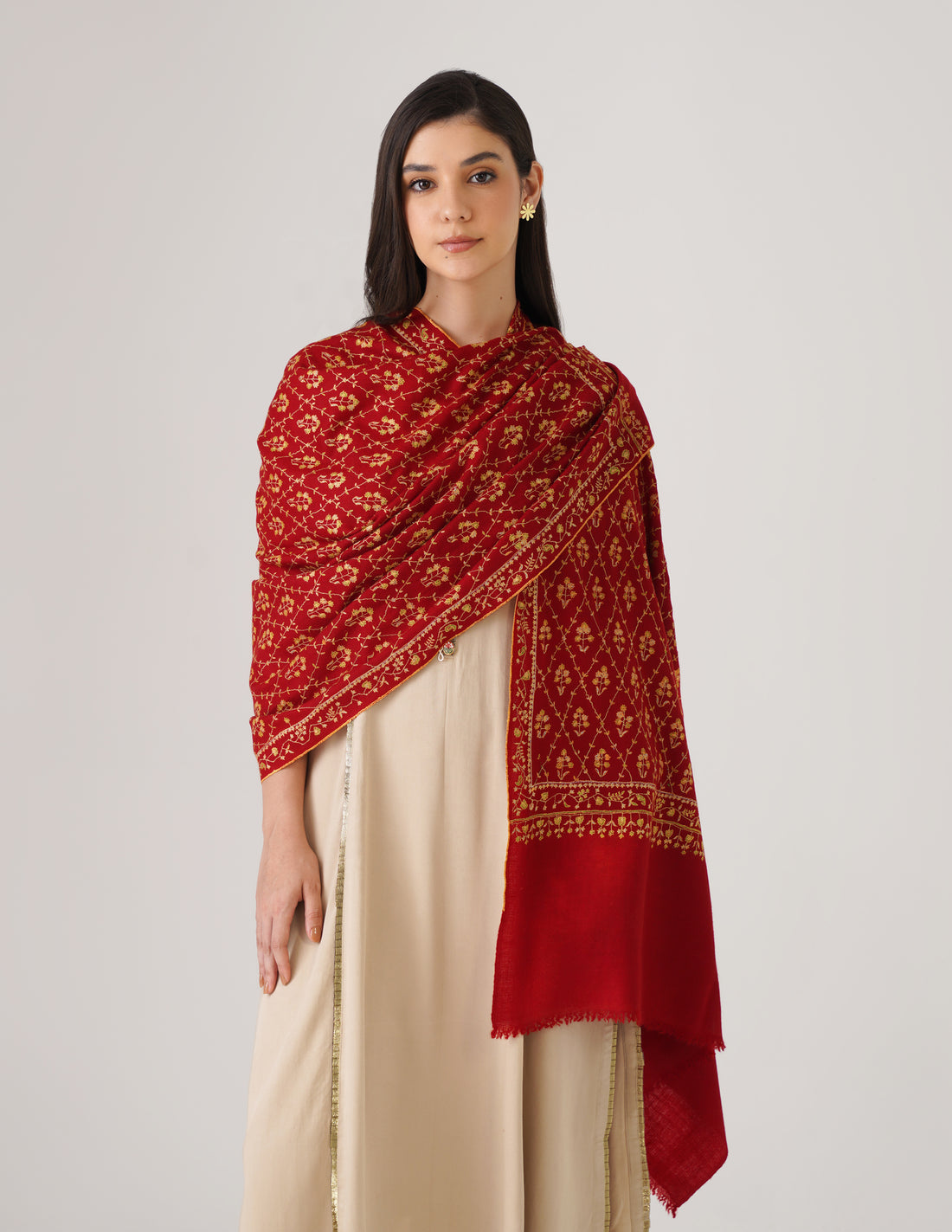 Kashmiri Handwoven Pashmina Sozni Stole Heavy Jaalidar – Radiant Red | Handwoven Heritage - Kashmir Box
