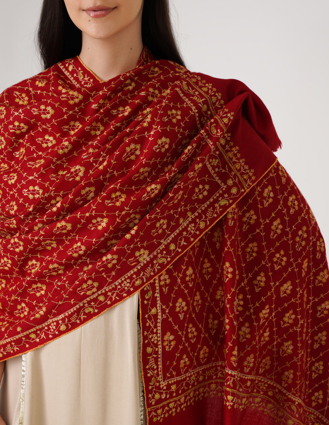 Kashmiri Handwoven Pashmina Sozni Stole Heavy Jaalidar – Radiant Red | Handwoven Heritage - Kashmir Box