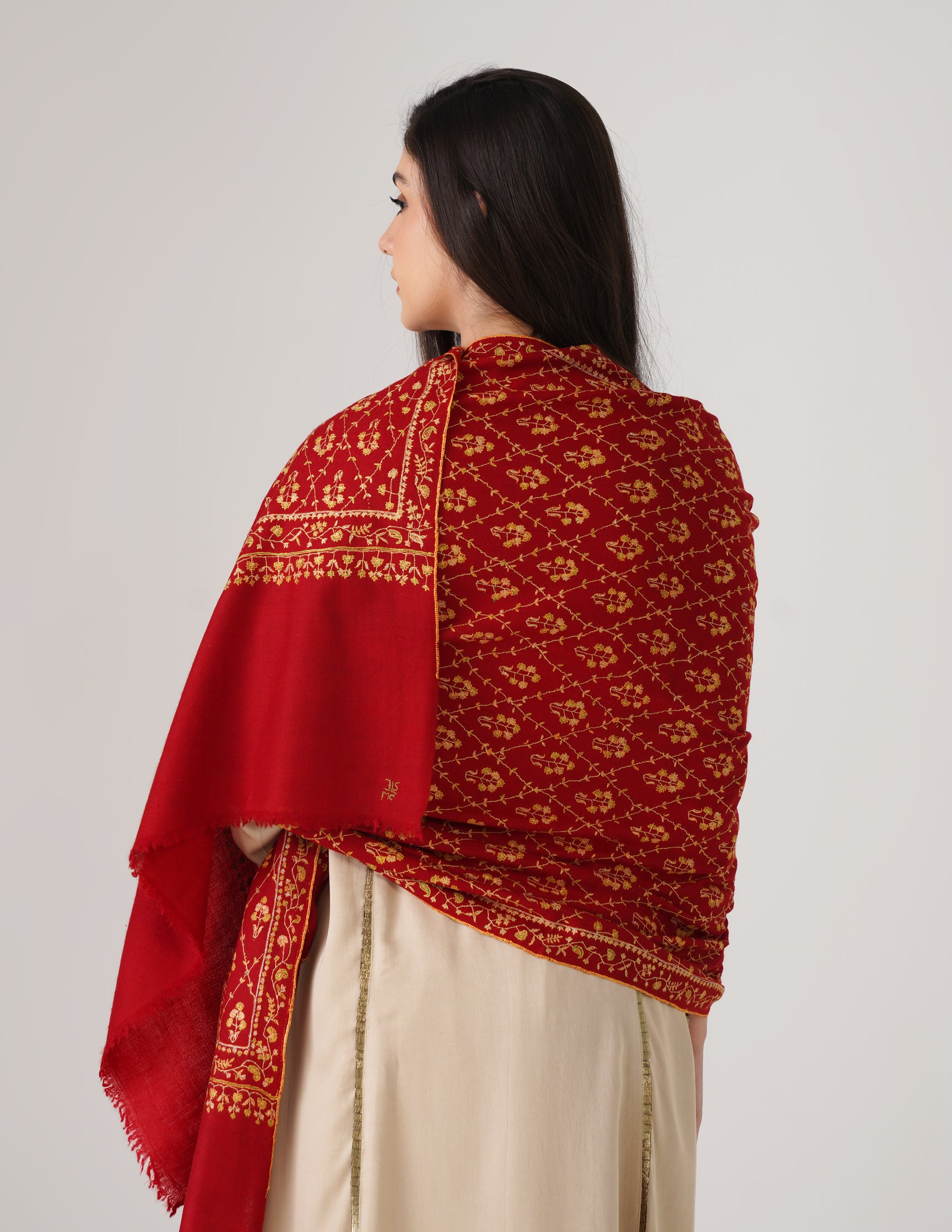 Kashmiri Handwoven Pashmina Sozni Stole Heavy Jaalidar – Radiant Red | Handwoven Heritage - Kashmir Box