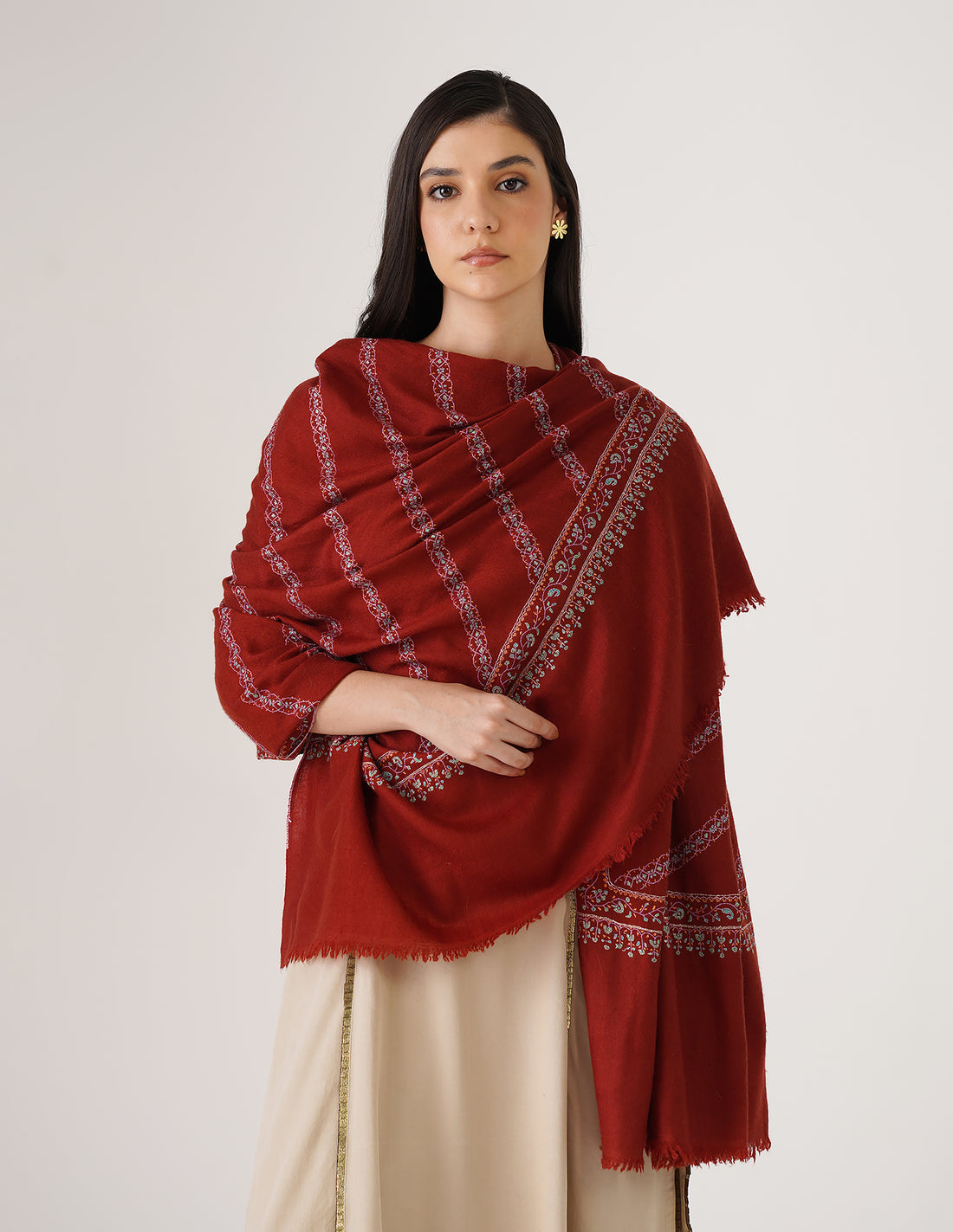 Kashmiri Handwoven Pashmina Sozni Shawl Khatiraas – Rust | Handwoven Heritage - Kashmir Box