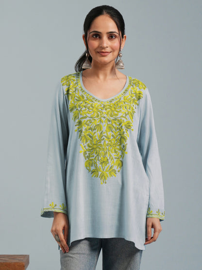 Light Blue Kashmiri Aari Embroidered  Rayon Kurta