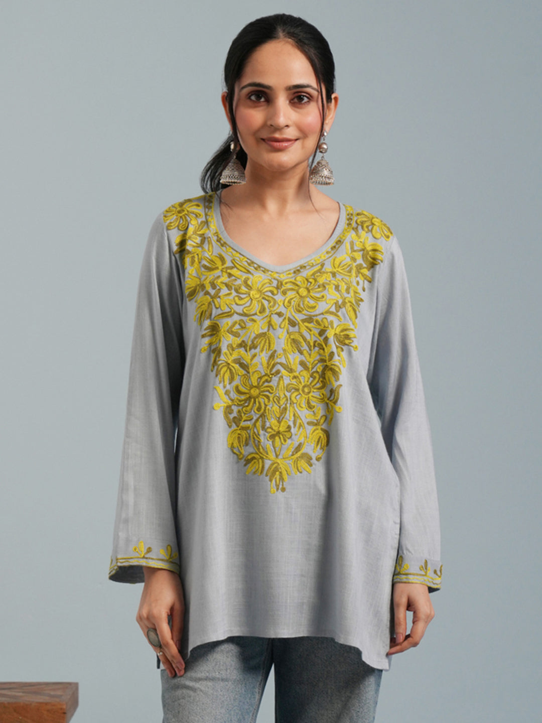Light Blue Kashmiri Aari Embroidered  Rayon Kurta