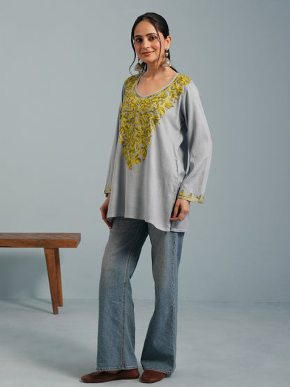 Light Blue Kashmiri Aari Embroidered  Rayon Kurta