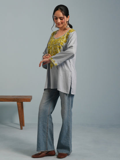Light Blue Kashmiri Aari Embroidered  Rayon Kurta